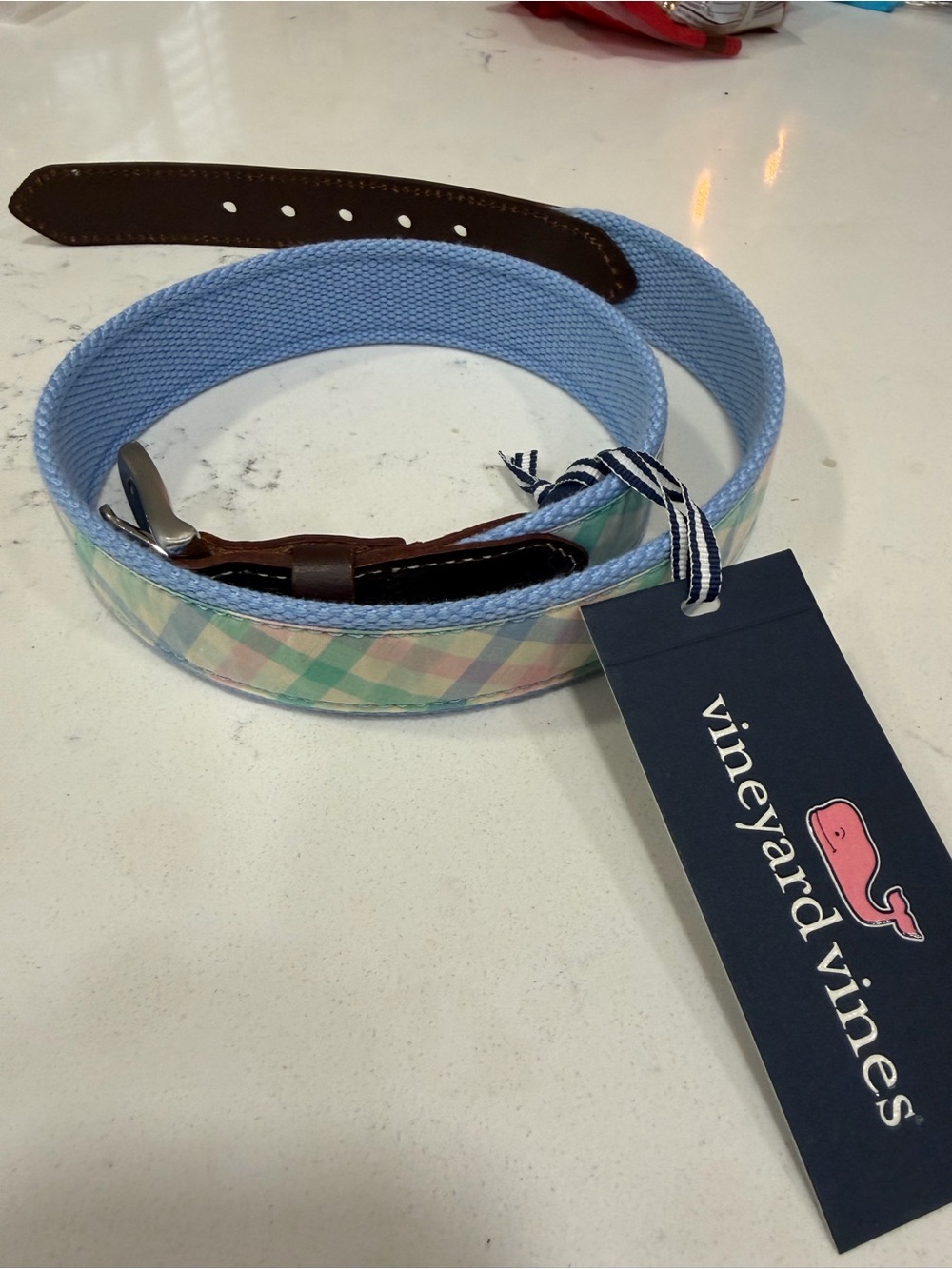 Vineyard Vines Boys Belt, Sz 28, Pastel Plaid Canvas